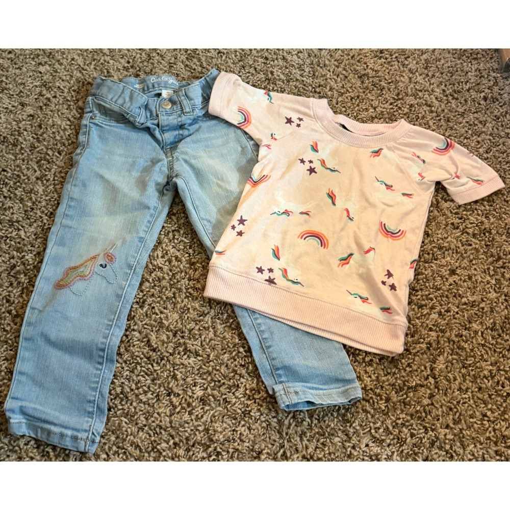 Kidtopia/Cat & Jack-Girls Two Piece Outfit Short Sleeve & Jeans 3t